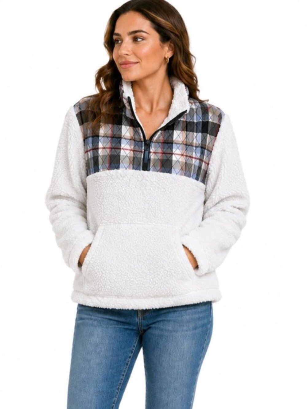 Vera Bradley Teddy Fleece Plaid Quarter Zip Pullover White Size M Casual Top